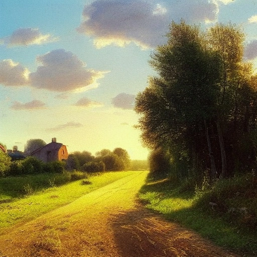 50276-865052397-a country road, an alley, a small house in the distance, the field, the evening sun, fresh colors, crepuscular rays, by shishkin.webp